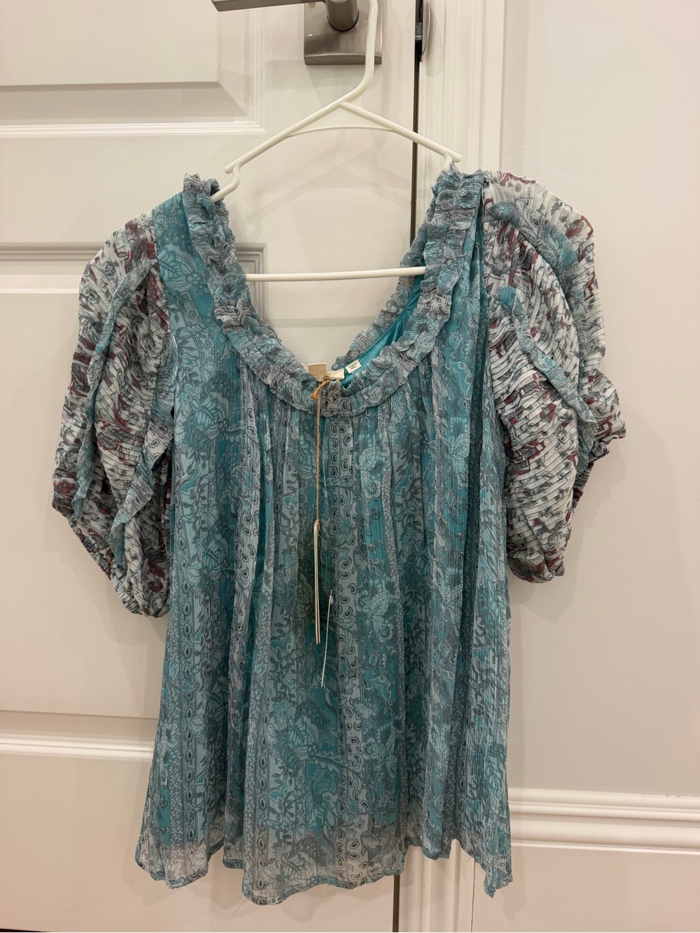 Anthropologie Teal Blue Floral Peasant Blouse